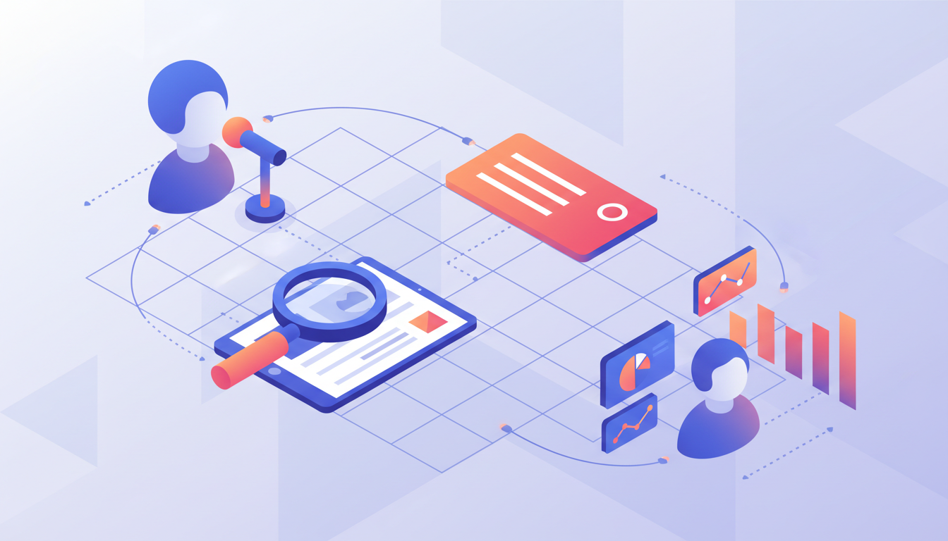 Иллюстрация методов UX-исследований: интервью, тестирование, опросы, анализ.