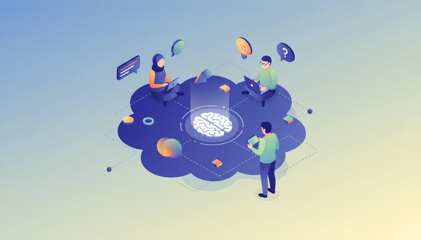Иллюстрация UX-исследований: люди, взаимодействующие с устройствами, сбор данных.